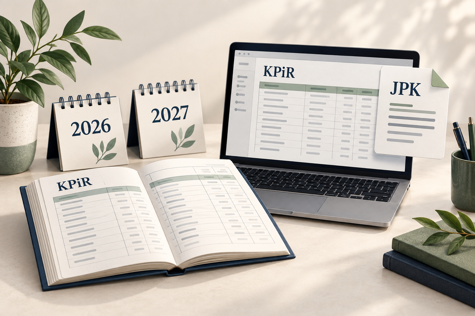Księga KPiR obok laptopa z elektroniczną ewidencją, dokument JPK i kalendarze na lata 2026 oraz 2027.
